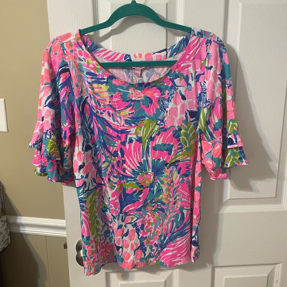 Lilly Pulitzer Ruffle Sleeve Floral Print Top Size L